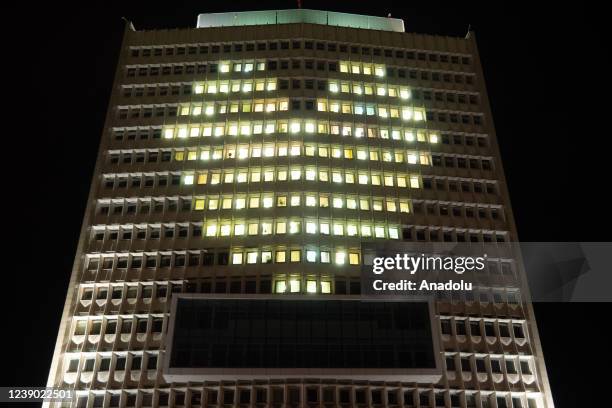 Building of Government Primorsky Krai is illuminated in the heart motif for international woman day in Vladivostok, Russia on March 07, 2022.