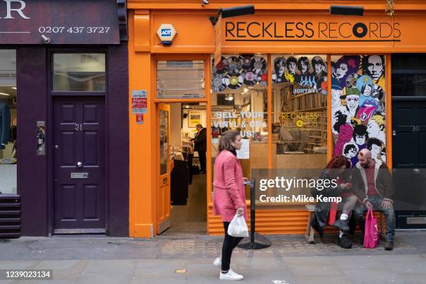 Independent record shop Reckless Records which sells second hand CDs and vinyl on Berwick Street in Soho on 3rd March 2022 in London, United Kingdom....