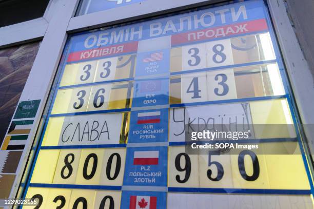 Exchange rates are displayed with the Words 'Slava Ukraini' translates "Glory to Ukraine" under the Russian ruble row amid the Russian invasion of...