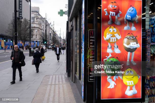 American candy shop on Oxford Street with M&Ms livery on 3rd March 2022 in London, United Kingdom. There are now nine mega candy stores in a small...
