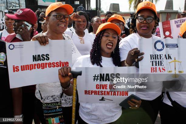 Women from different Non-Governmental Organisations hold a protest rally to mark the International Women's Day 2022 at Alausa, Ikeja, Lagos, Nigeria...