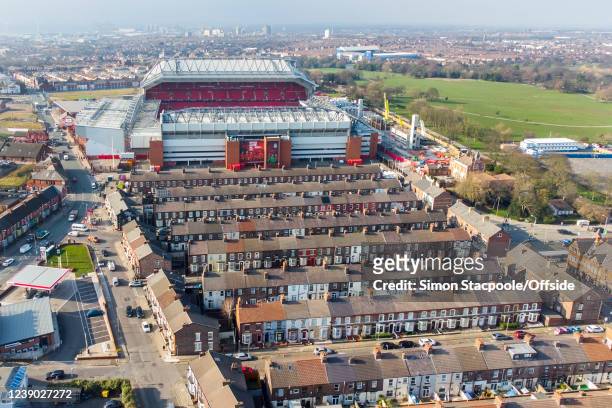 General aerial view over the nearby terraced houses ahead of the UEFA Champions League Round Of Sixteen Leg Two match between Liverpool FC and FC...
