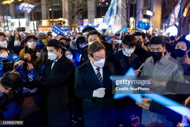 Lee Jae-myung, the presidential candidate of the ruling Democratic Party, arrives during a campaign stop during the last-day of an election campaign...