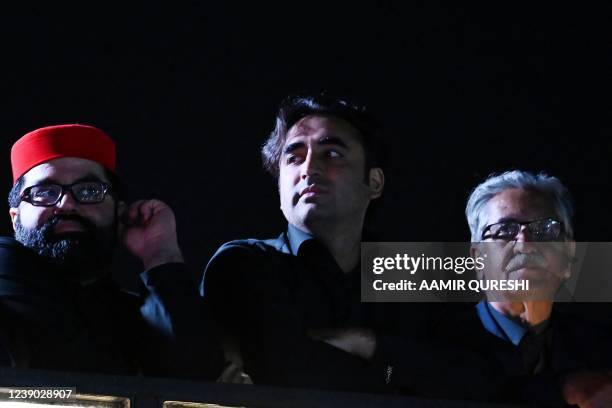 Chairman of the Pakistan Peoples Party Bilawal Bhutto Zardari leads an anti-government rally in Islamabad on March 8, 2022 as opposition submitting...