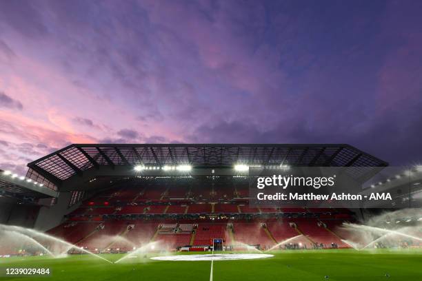 General interior view of Anfield, home stadium of Liverpool at sunset ahead of the UEFA Champions League Round Of Sixteen Leg Two match between...