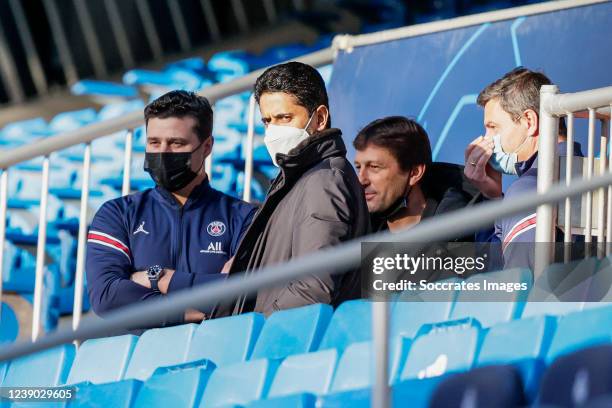 Coach Mauricio Pochettino of Paris Saint Germain, president Nasser Al-Khelaifi of Paris Saint Germain, sports director Leonardo Nascimento de Araujo...