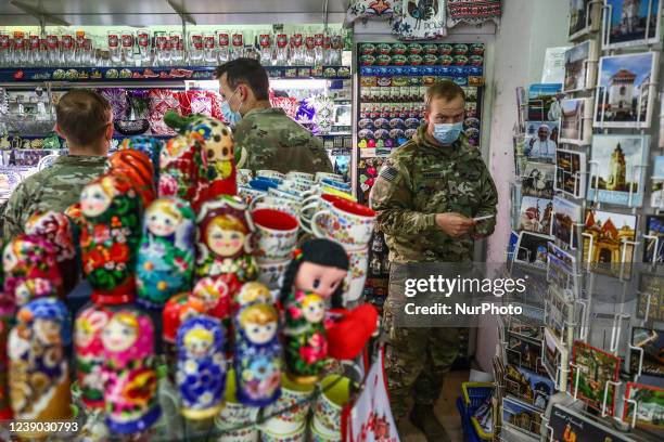 Soldiers of the 82nd Airborne Division are visiting a souvenir shop in the Old Town in Krakow, Poland on March 8th, 2022. U.S. Troops have arrived to...