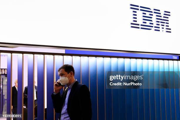 Logo exhibited at IBM stand during the Mobile World Congress the biggest trade show of the sector focused on mobile devices, 5G, IOT, AI and big...