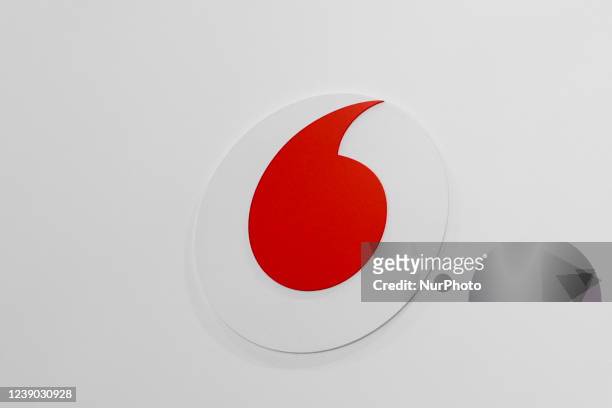 Vodafone logo exhibited at Vodafone stand during the Mobile World Congress the biggest trade show of the sector focused on mobile devices, 5G, IOT,...