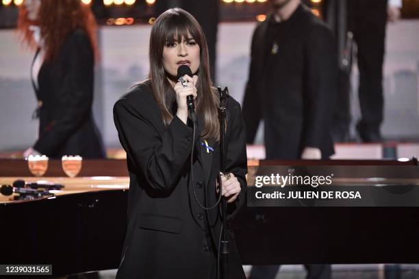 French singer Clara Luciani performs in Paris on March 8 during the "United for Ukraine" TV live event to support the Ukrainian people and all the...