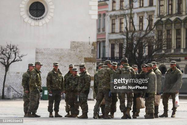 Soldiers of the 82nd Airborne Division are seen visiting the Main Square in Krakow, Poland on March 8th, 2022. U.S. Troops have arrived to Poland as...