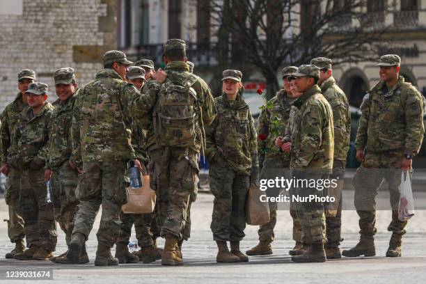 Soldiers of the 82nd Airborne Division are seen visiting the Main Square in Krakow, Poland on March 8th, 2022. U.S. Troops have arrived to Poland as...