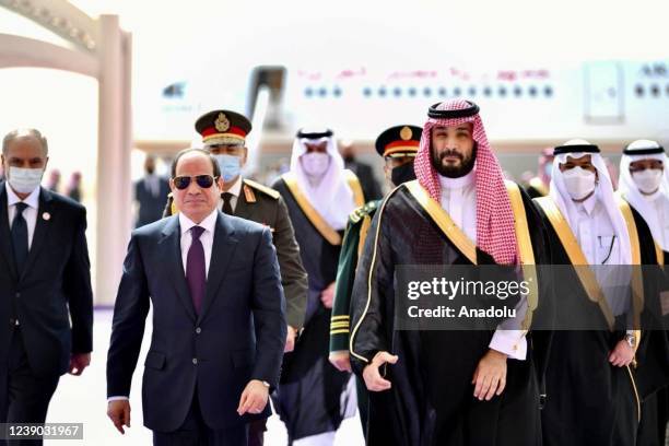 Egypt's President Abdel Fattah Al-Sisi is welcomed by Crown Prince of Saudi Arabia Mohammed bin Salman at King Khalid International Airport in...