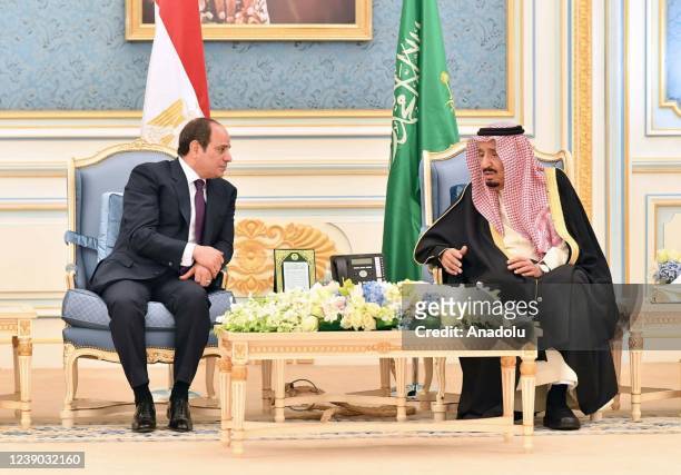 Egypt's President Abdel Fattah Al-Sisi meets King of Saudi Arabia Salman bin Abdulaziz Al Saud at Al Yamamah Palace in Riyadh, Saudi Arabia on March...