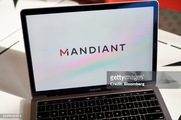 The Mandiant logo on a laptop computer arranged in the Brooklyn borough of New York, U.S., on Tuesday, March 8, 2022. Google agreed to acquire...