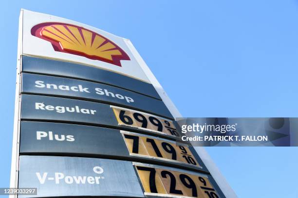 Sign shows gasoline fuel prices above six and seven dollars a gallon at the Shell gas station at Fairfax and Olympic Blvd in Los Angeles, California,...