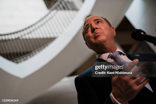 House Intelligence Committee Chairman Adam Schiff speaks during a media availability following an open hearing on Worldwide Threats with testimony by...