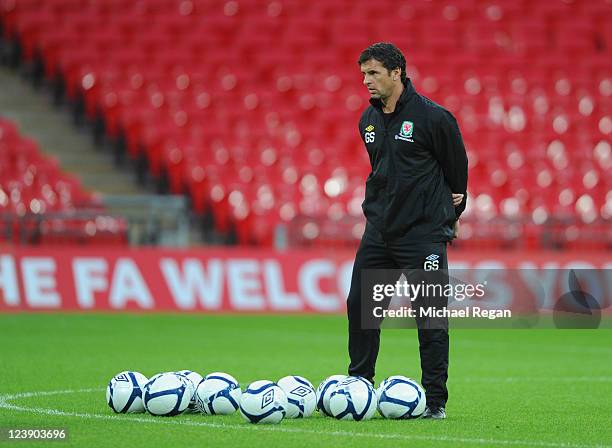 Wales manager Gary Speed during the Wales training session ahead of their UEFA EURO 2012 Group G qualifier against England at Wembley Stadium on...