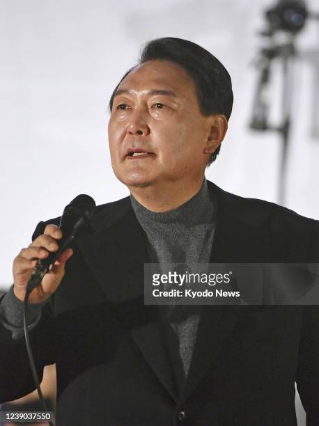 Yoon Suk Yeol, the presidential candidate of the main opposition People Power Party, makes a speech in Seoul on March 8 the eve of South Korea's...
