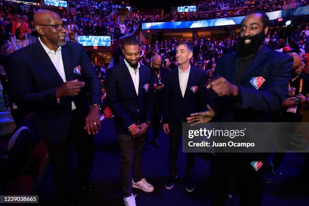 Legends, Clyde Drexler, Damian Lillard, John Stockton and James Harden talk during 71st NBA All-Star Game as part of 2022 NBA All Star Weekend on...