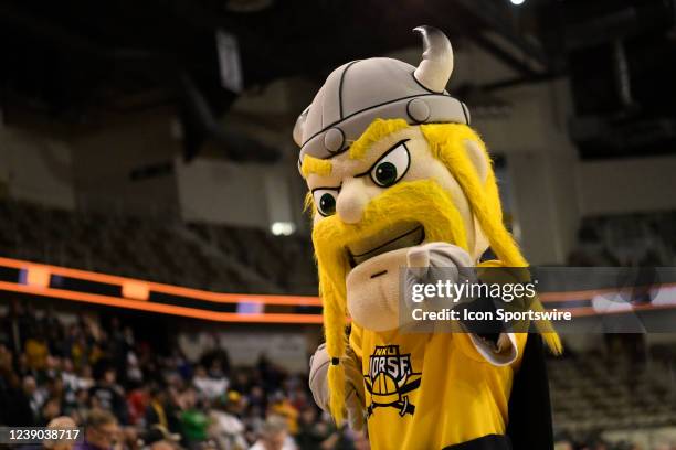 Norther Kentucky mascot Victor E. Viking poses for a photo during the Horizon League Tournament Championship game between the Northern Kentucky Norse...