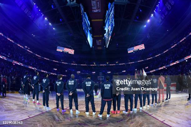 Team Durant stands for the national anthem during the 71st NBA All-Star Game as part of 2022 NBA All Star Weekend on February 20, 2022 at Wolstein...