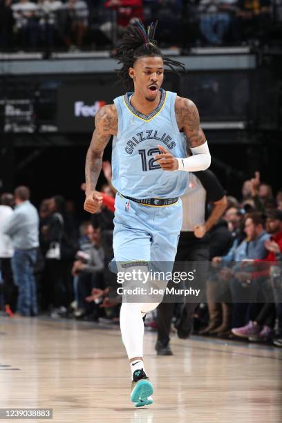 Ja Morant of the Memphis Grizzlies celebrates during the game against the New Orleans Pelicans on March 8, 2022 at FedExForum in Memphis, Tennessee....