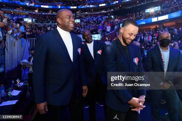 Legends, Magic Johnson, Michael Jordan and Stephen Curry talk during 71st NBA All-Star Game as part of 2022 NBA All Star Weekend on February 20, 2022...