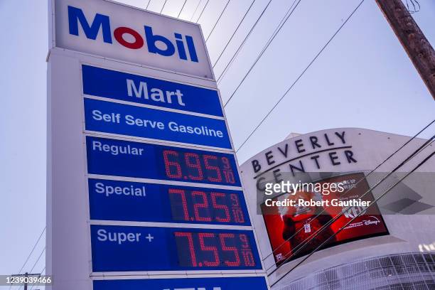West Hollywood, CA, Tuesday, March 8, 2022 - The Mobil station at the corner of La Cienega and Beverly advertise prices higher than the norm...