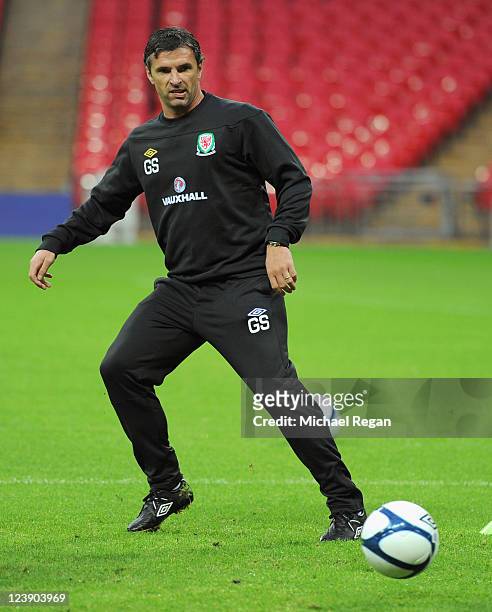 Wales manager Gary Speed in action during the Wales training session ahead of their UEFA EURO 2012 Group G qualifier against England at Wembley...