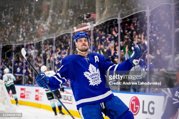 Auston Matthews of the Toronto Maple Leafs celebrates his second goal of the night against the Seattle Kraken during the third period at the...