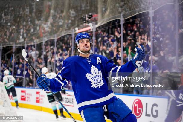 Auston Matthews of the Toronto Maple Leafs celebrates his second goal of the night against the Seattle Kraken during the third period at the...