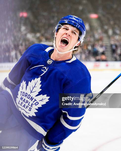 Mitch Marner of the Toronto Maple Leafs celebrates his goal aginast the Seattle Kraken during the third period at the Scotiabank Arena on March 8,...