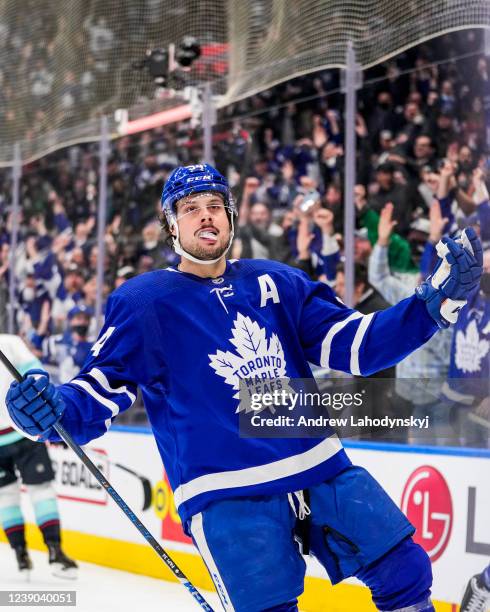 Auston Matthews of the Toronto Maple Leafs celebrates his second goal of the night against the Seattle Kraken during the third period at the...