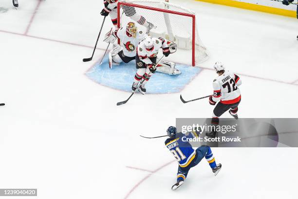 Anton Forsberg of the Ottawa Senators defends the net against Vladimir Tarasenko of the St. Louis Blues at the Enterprise Center on March 8, 2022 in...