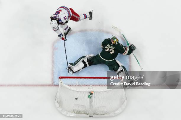 Mika Zibanejad of the New York Rangers scores a short-handed goal against Cam Talbot of the Minnesota Wild in the second period at Xcel Energy Center...