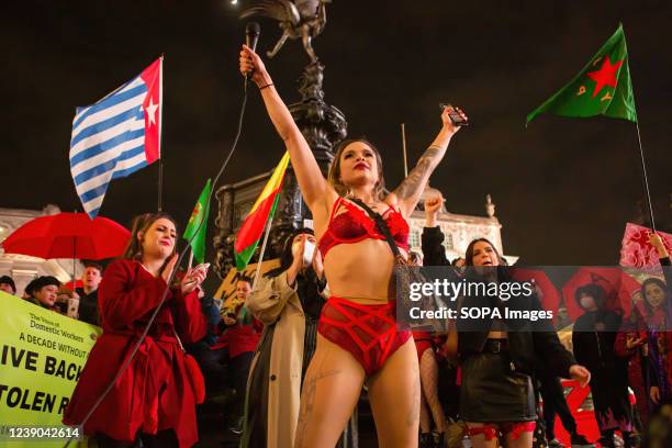 Activists gather in Piccadilly Circus during the SEX Work Strike on International Women's Day in Central London.On International Women's Day, sex...