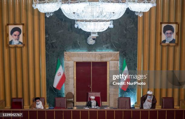 Ayatollah Ahmad Jannati gives the opening speech during Iran's Assembly of Experts' biannual meeting in the old Iranian Parliament building in Tehran...