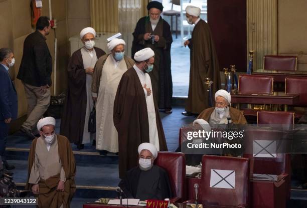 Former Iranian President Hassan Rouhani attends Irans Assembly of Experts biannual meeting in the old Iranian Parliament building in Tehran on March...