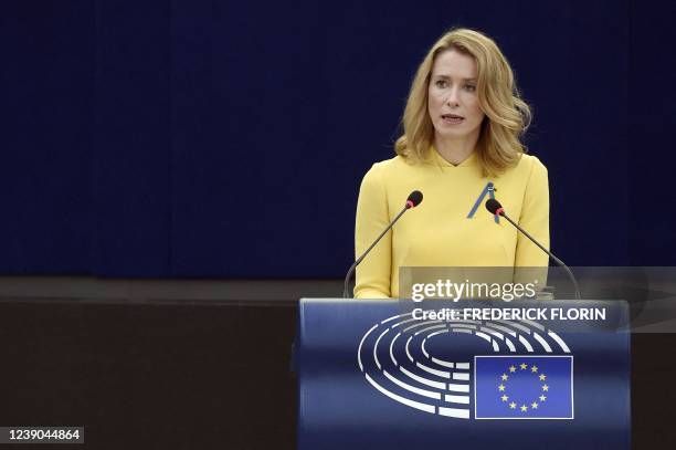 Estonian Prime Minister Kaja Kallas takes part in a debate on Europe security following Russian invasion of Ukraine, during a plenary session at the...