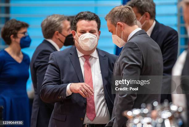 Hubertus Heil, Federal Minster of Labour, and German Finance Minister Christian Lindner attend the weekly government cabinet meeting in the Federal...