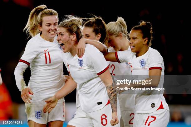 Ella Toone of England Women, Millie Bright of England Women, Nikita Parris of England Women, Lauren Hemp of England Women during the International...