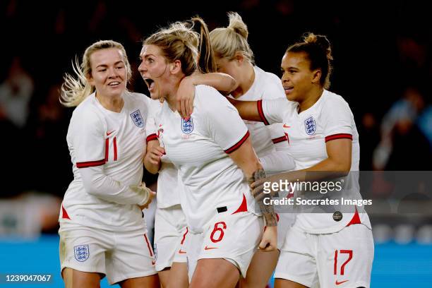 Ella Toone of England Women, Millie Bright of England Women, Nikita Parris of England Women, Lauren Hemp of England Women during the International...