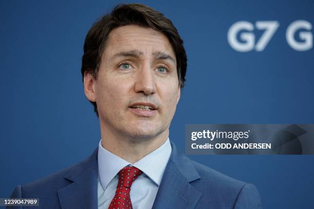 Canadian Prime Minister Justin Trudeau addresses a press conference at the Chancellery in Berlin after talks with the German Chancellor on March 9,...