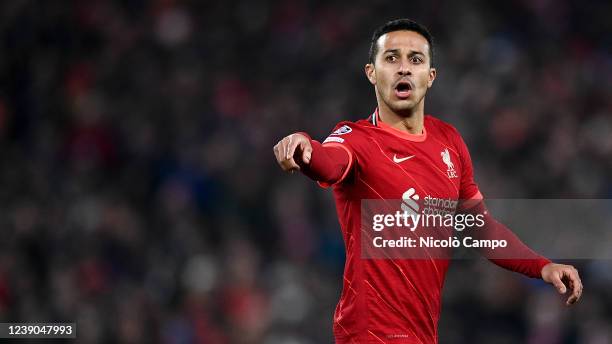 Thiago Alcantara of Liverpool FC gestures during the UEFA Champions League round of sixteen second leg football match between Liverpool FC and FC...