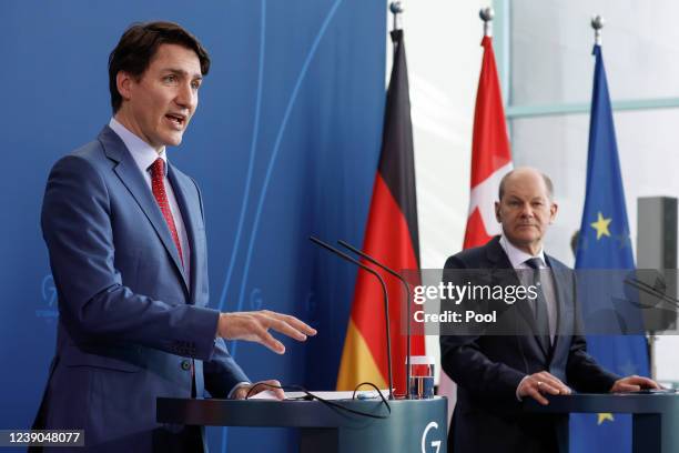 German Chancellor Olaf Scholz and Canadian Prime Minister Justin Trudeau attend a press conference after talks at the Chancellery on March 9, 2022 in...