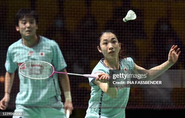 Japans Yuki Kaneko and Misaki Matsutomo play against Japans Yuta Watanabe and Arisa Higashino during the mixed doubles badminton first round match of...