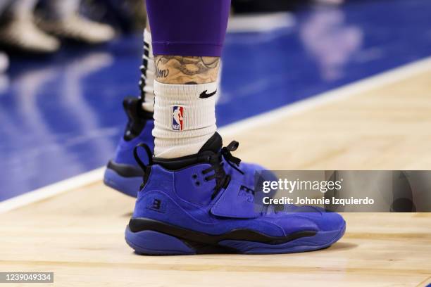 The sneakers worn by LiAngelo Ball of the Greensboro Swarm during the game against the Westchester Knicks on March 8th, 2022 at Webster Bank Arena in...