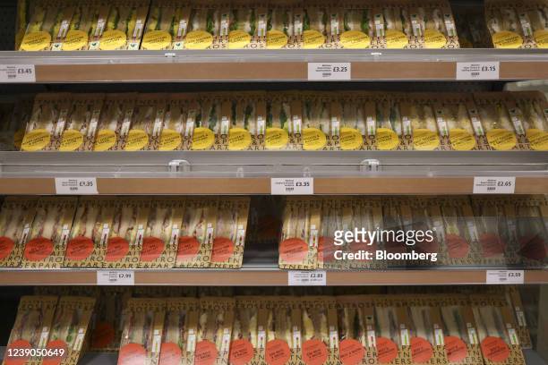 Packaged sandwiches on display in a Waitrose supermarket in London, U.K., on Wednesday, March 9, 2022. Londoners returning to their offices are...