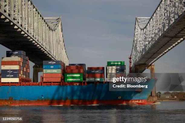 The Seamax Mystic container ship near the Port of New Orleans in New Orleans, Louisiana, U.S., on Thursday, March 3, 2022. The NOLA port ended...